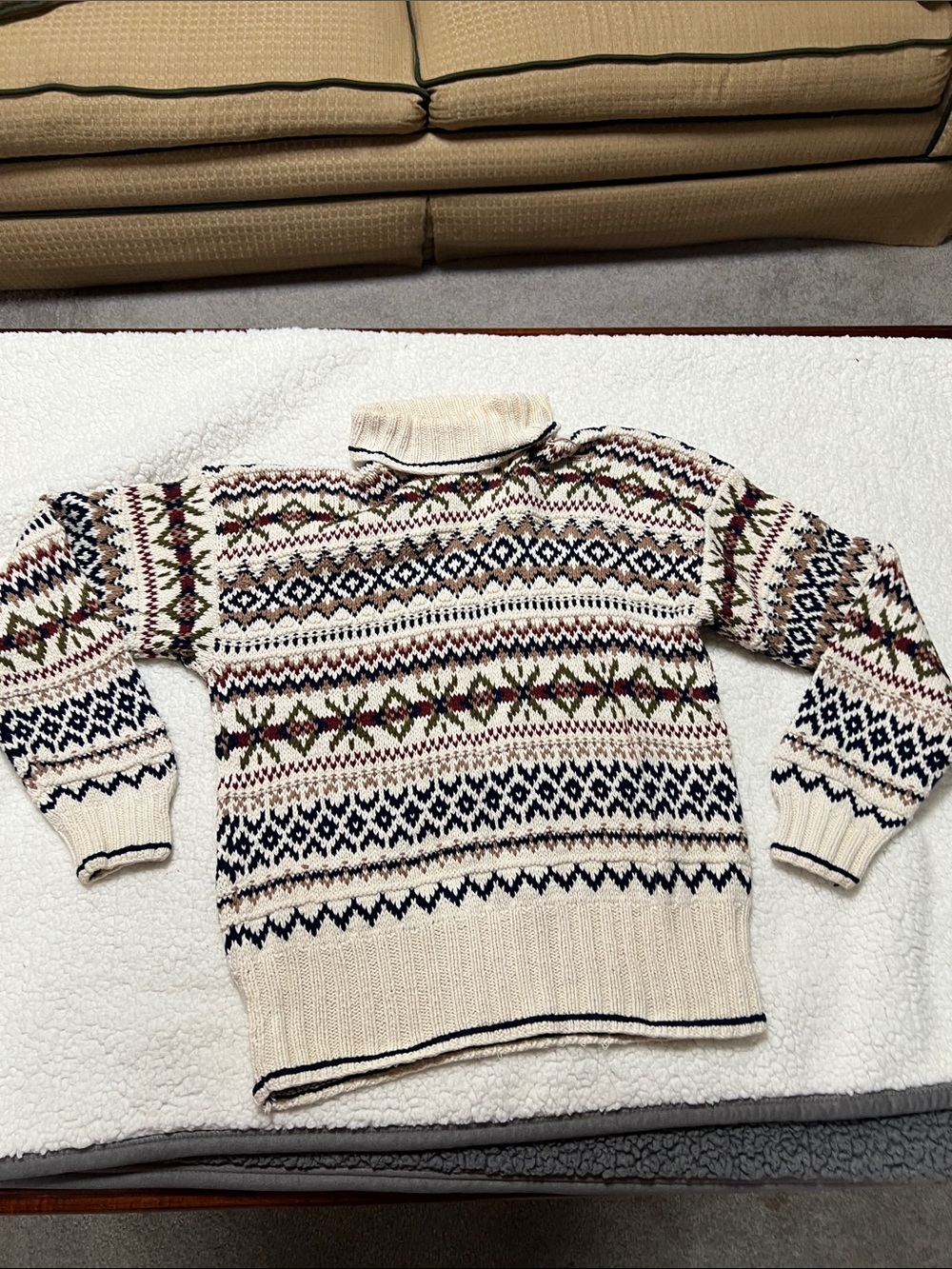 Vintage Liz Sport( 1989) Cream Fair Isle Knit Heavy Cotton Sweater Medium